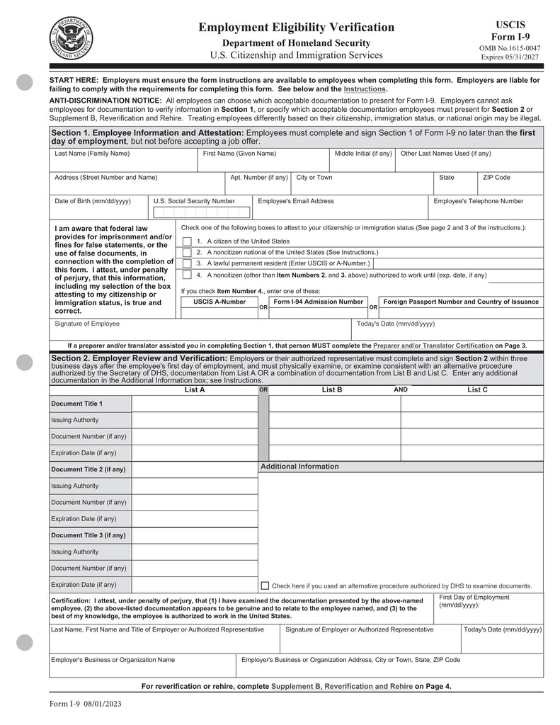 I-9 Employment Eligibility Verification Form, 1-Part