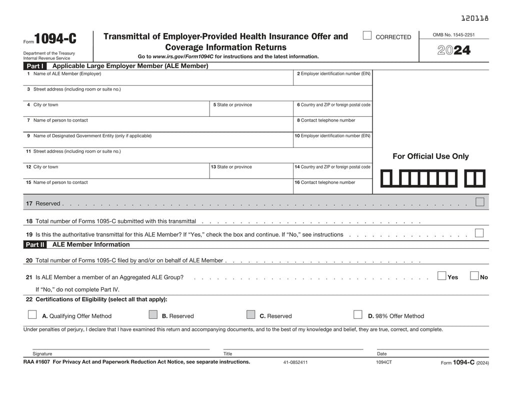 1094-C Transmittal of Employer Provided Health Insurance Offer & Coverage for 1095-C