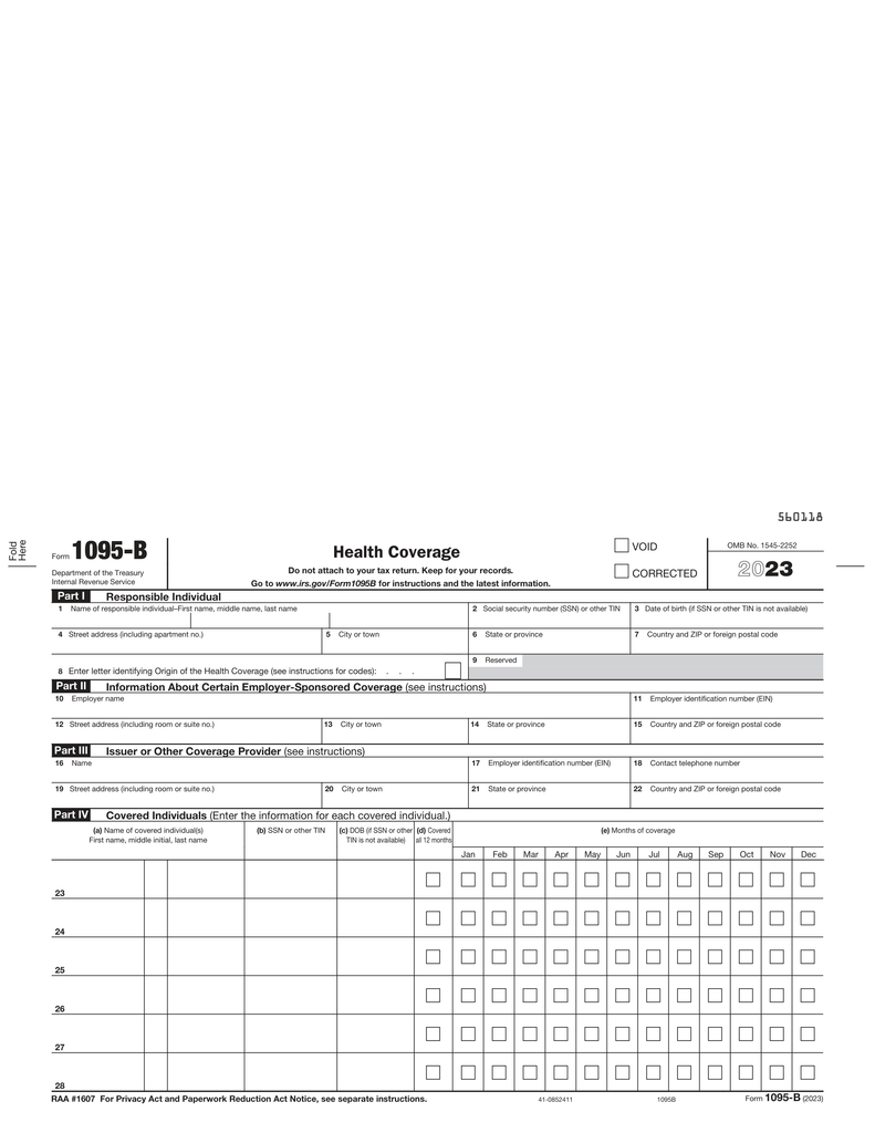 1095-B "Employee/Employer" Copy Health Coverage