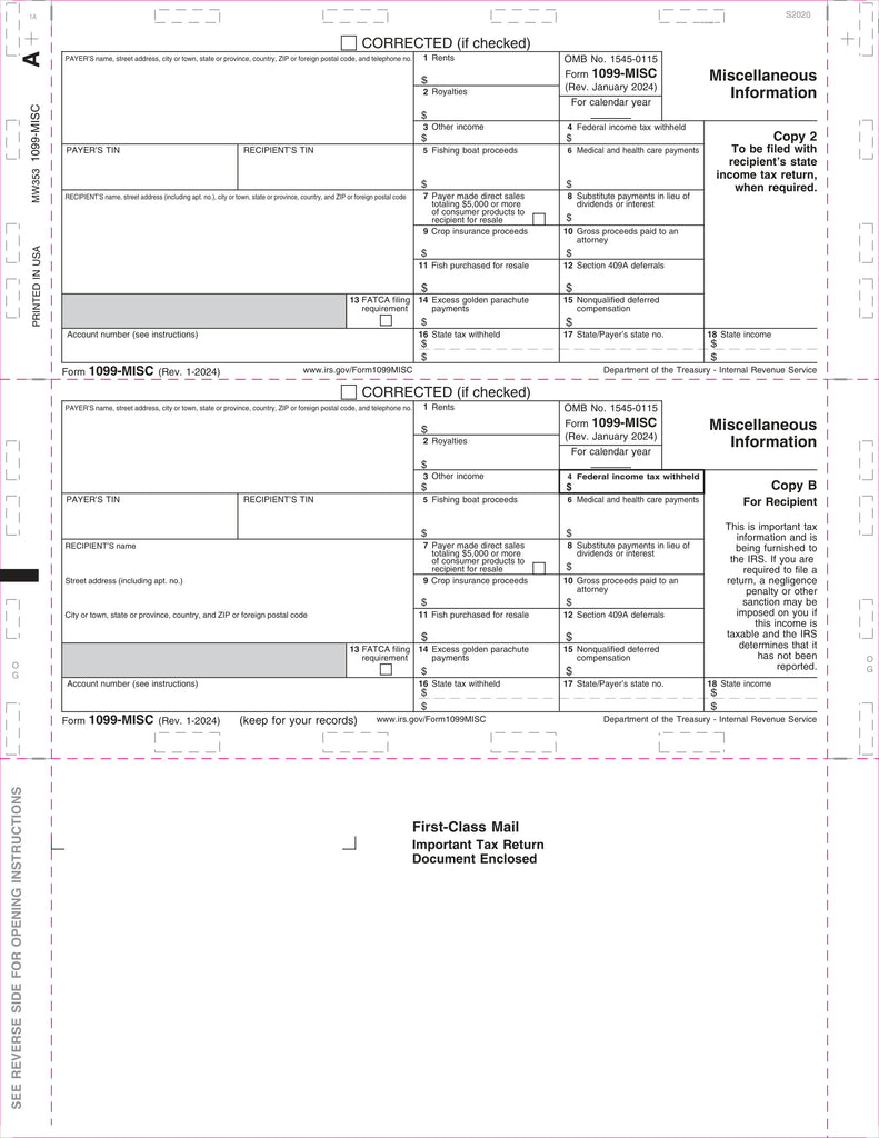 1099-MISC, 2-Up Horizontal, Copy B & 2, Z-Fold, 11" (500 Forms)