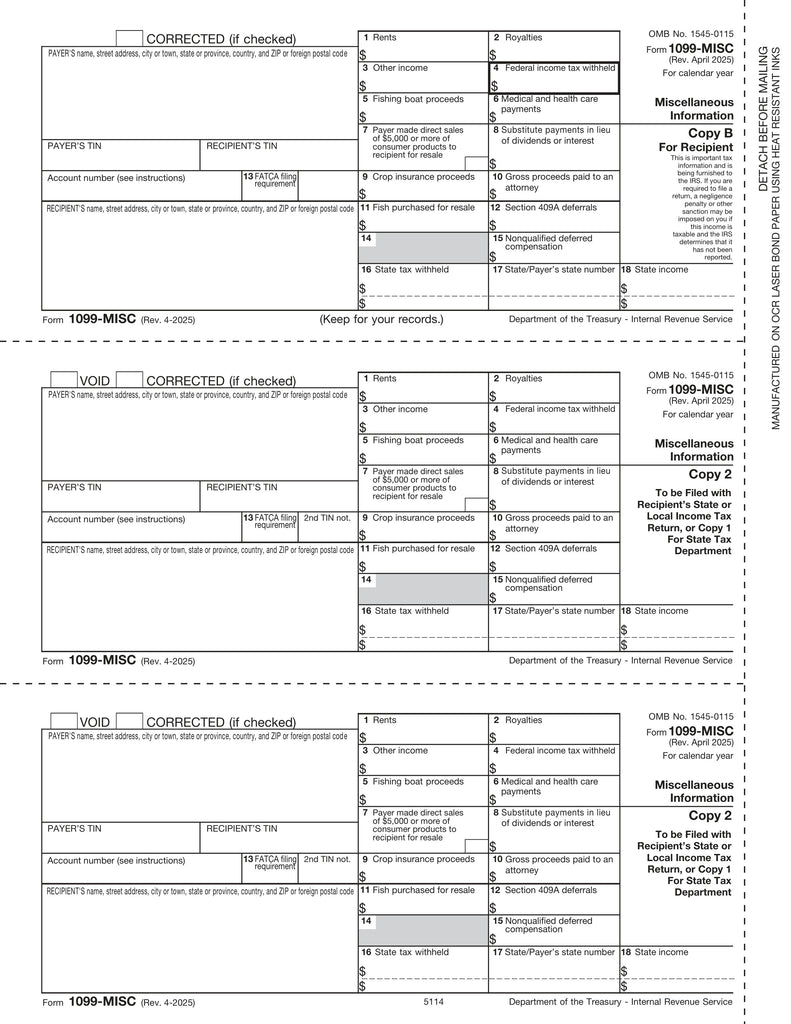 1099-MISC, Rec Copy B, Payer/State Copy C & State/Extra File Copy