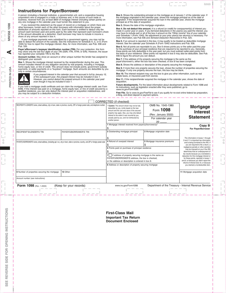 1098-Mortgage Interest, Copy B, Z-Fold, 11", Pack of 500