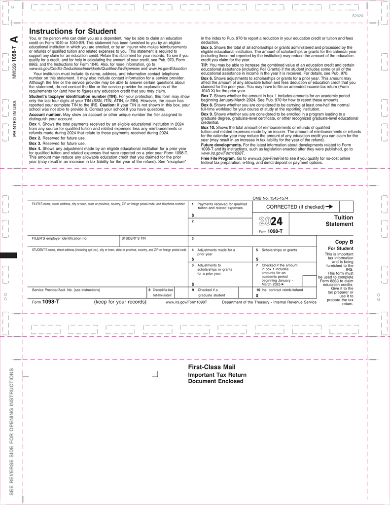 1098-T, Copy B, Z-Fold, 11" (500 Forms)