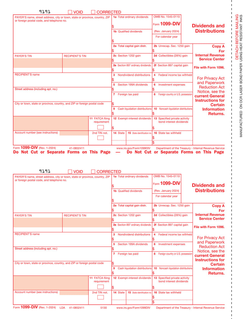 1099-DIV, 2-Up, Federal Copy A