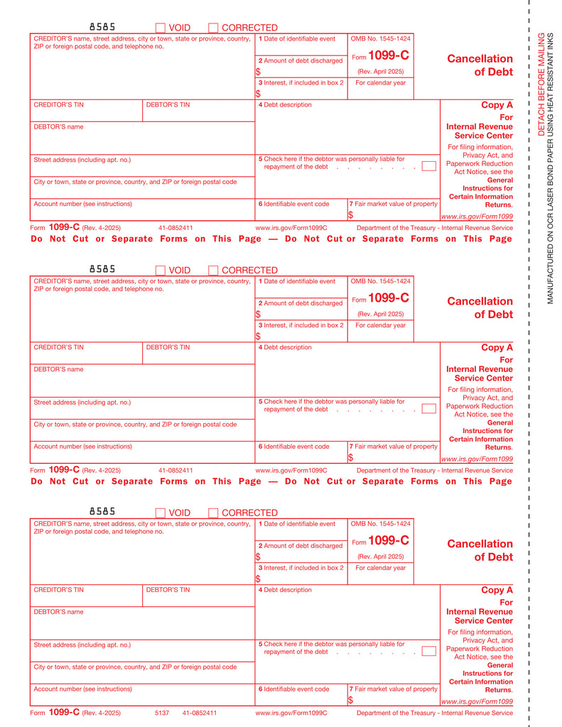 1099-C, 3-Up, Federal Copy A