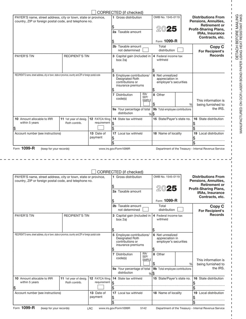 1099-R, 2-Up, Rec Copy C and/or State, City or Local Copy