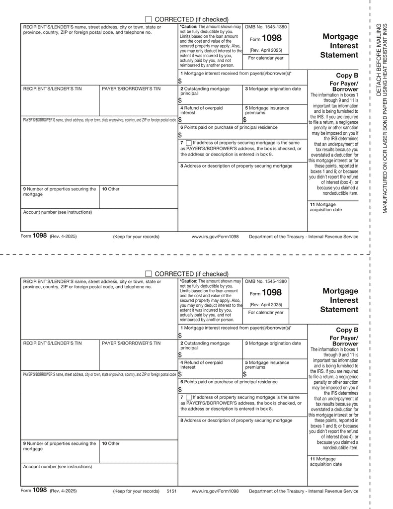 1098-Mortgage Interest, 2-Up, Payer/Borrower Copy B