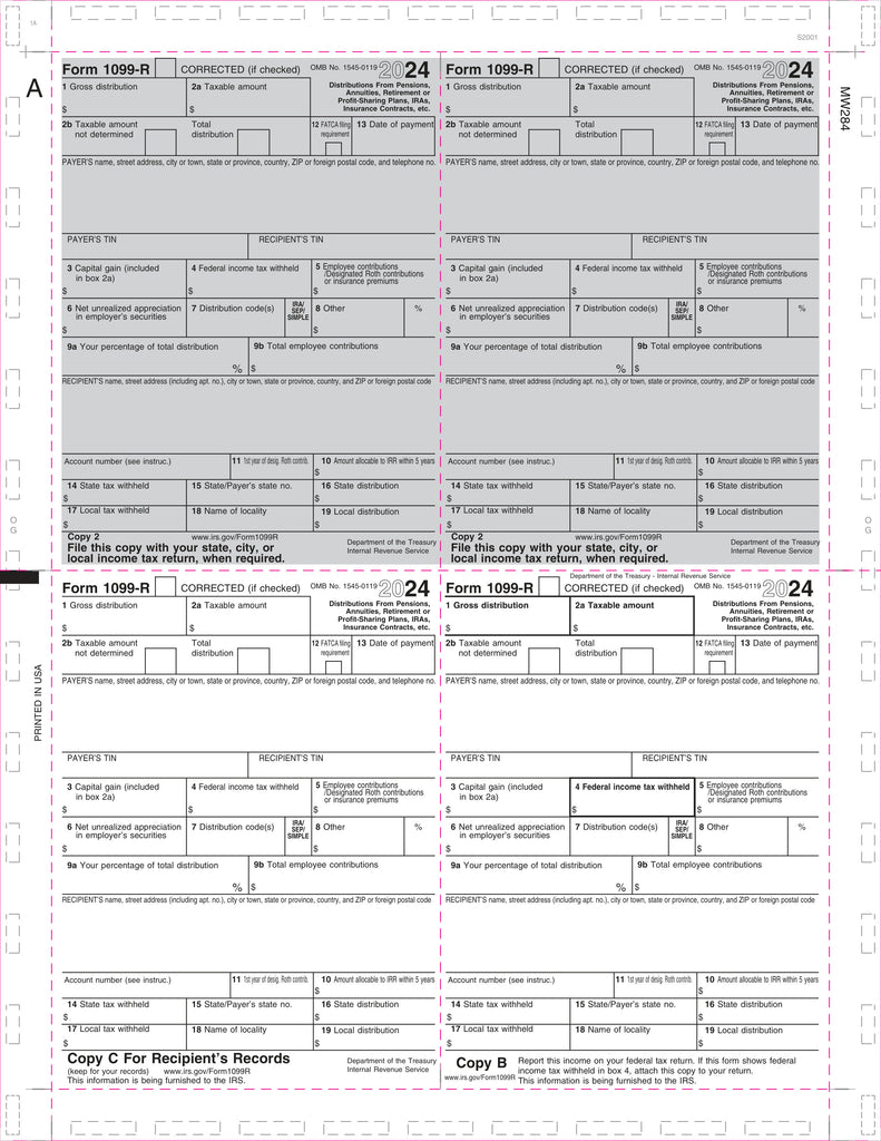 1099-R, 4-Up Box, Two-Copy 2, Copy B and C, V-Fold, 11" (500 Forms)