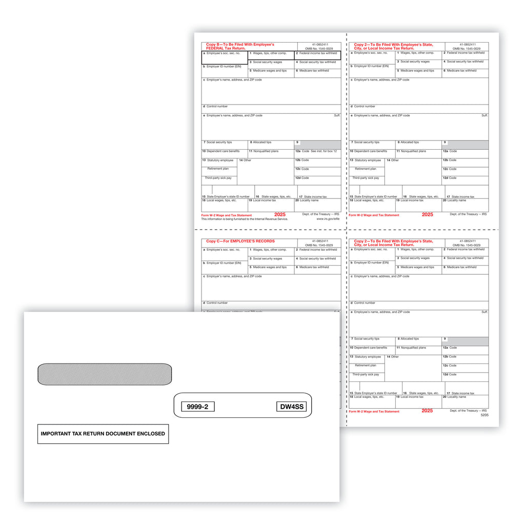 W-2, 4-Up Box, Employee Copy B,C,2 and 2 or Extra Copy with Envelopes