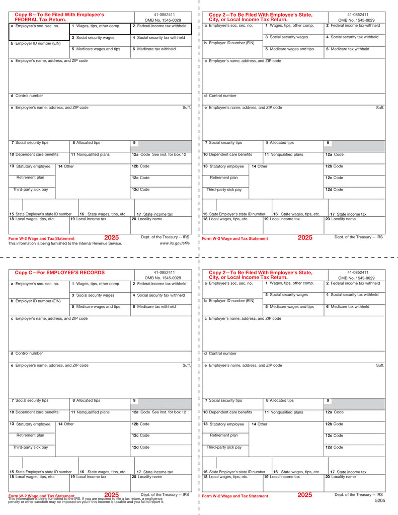 W-2, 4-Up Box, Employee Copy B,C,2 and 2 or Extra Copy