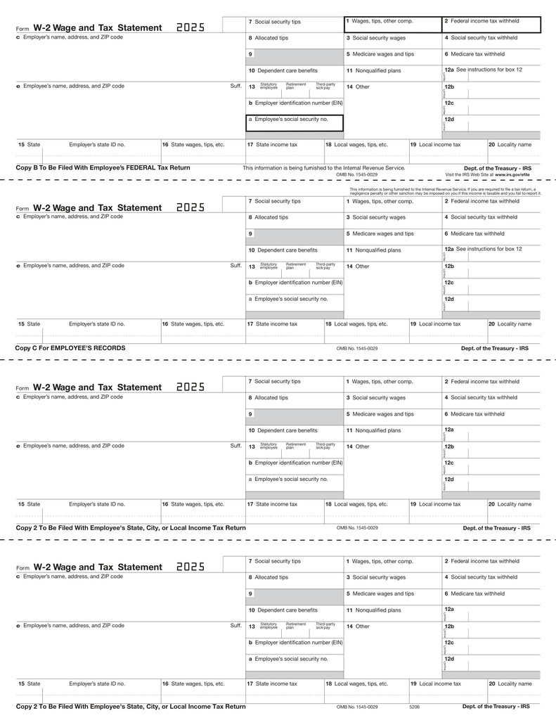 W-2, 4-Up Horizontal, Employee Copy B,C,2,2 or Extra Copy