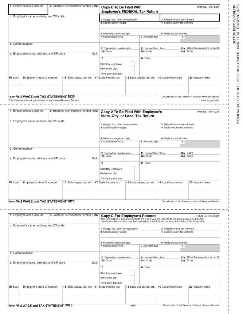 W-2, 3-Up Horizontal, Employee Copy B,C and 2