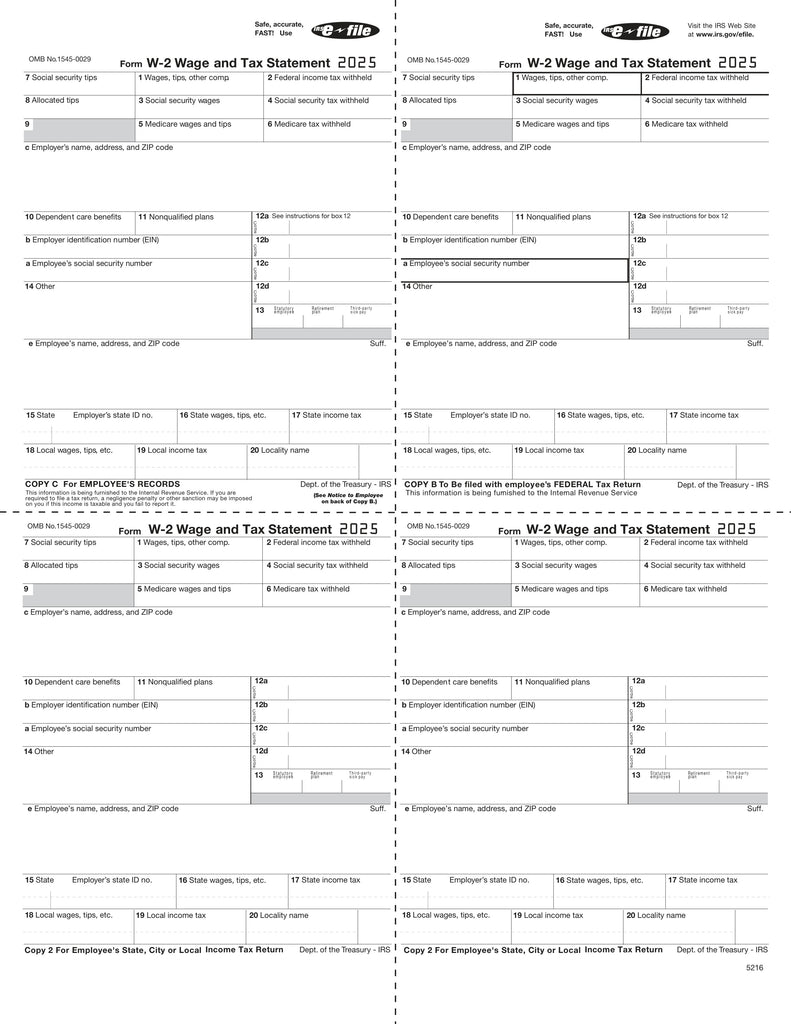 W-2, 4-Up Box, Employee Copy B,C,2,2 or Extra Copy (W Style)