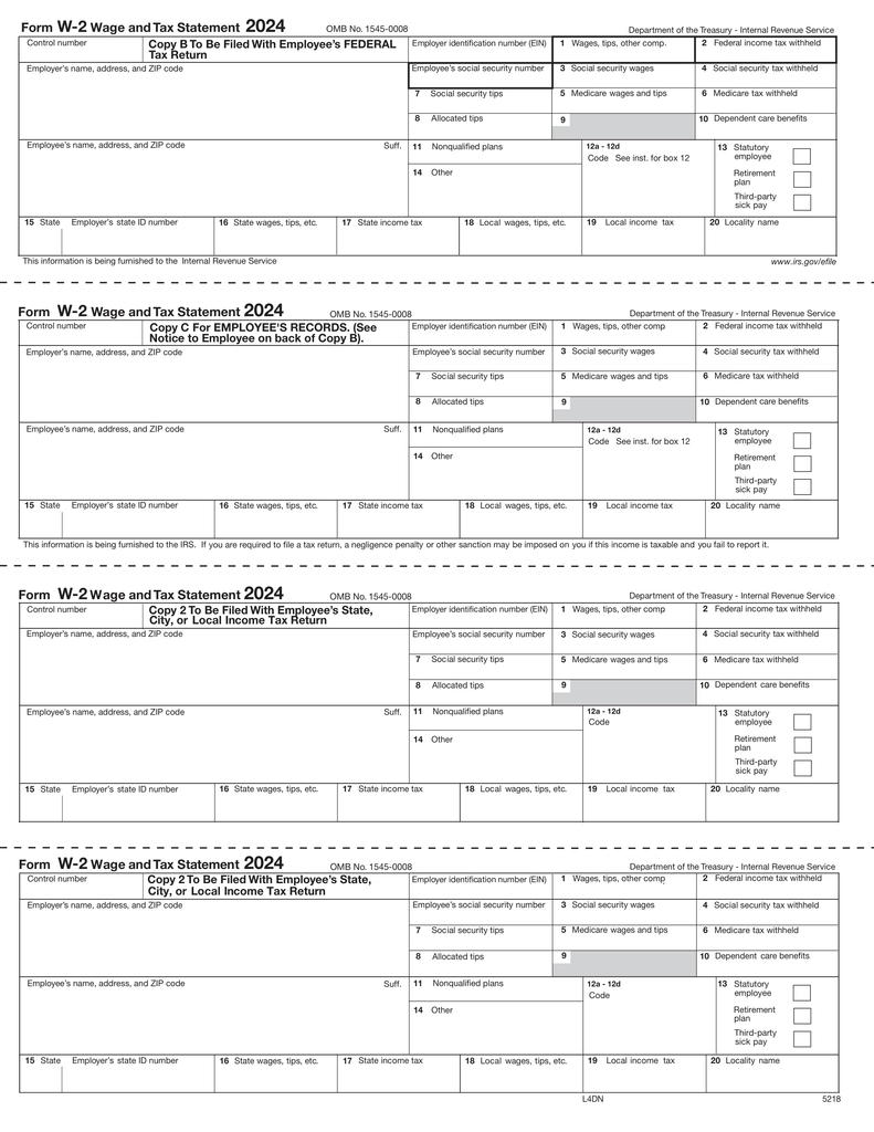 W-2, 4-Up Horizontal, Employee Copy B,C,2,2 or Extra Copy (N Style)