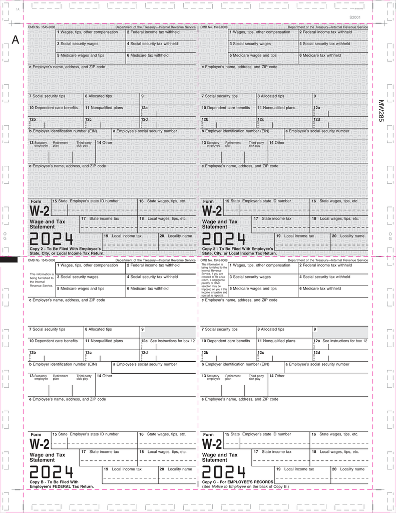 W-2, Employee Copy B,C,2 and 2 or Extra Copy, 4-Up Box, 11" V-Fold (500 Forms)
