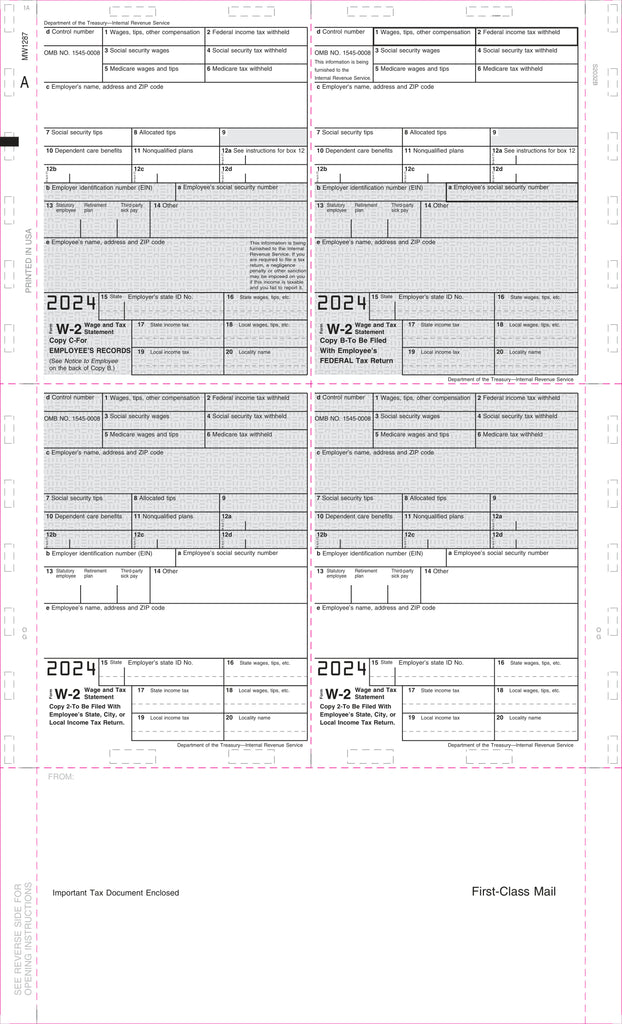 W-2, Employee Copy B,C,2 or Extra Copy, 4-Up Box, 14" Eccentric, Z-Fold (500 Forms)
