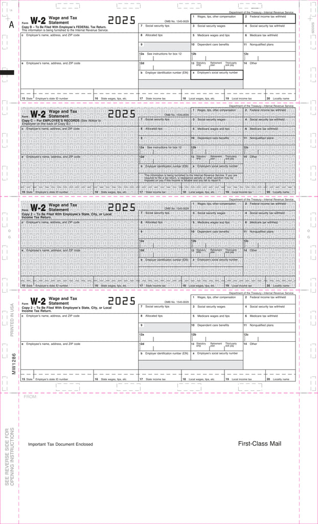 W-2, Employee Copy B,C,2 or Extra Copy, 4-Up Horizontal, 14" Eccentric, Z-Fold (500 Forms)
