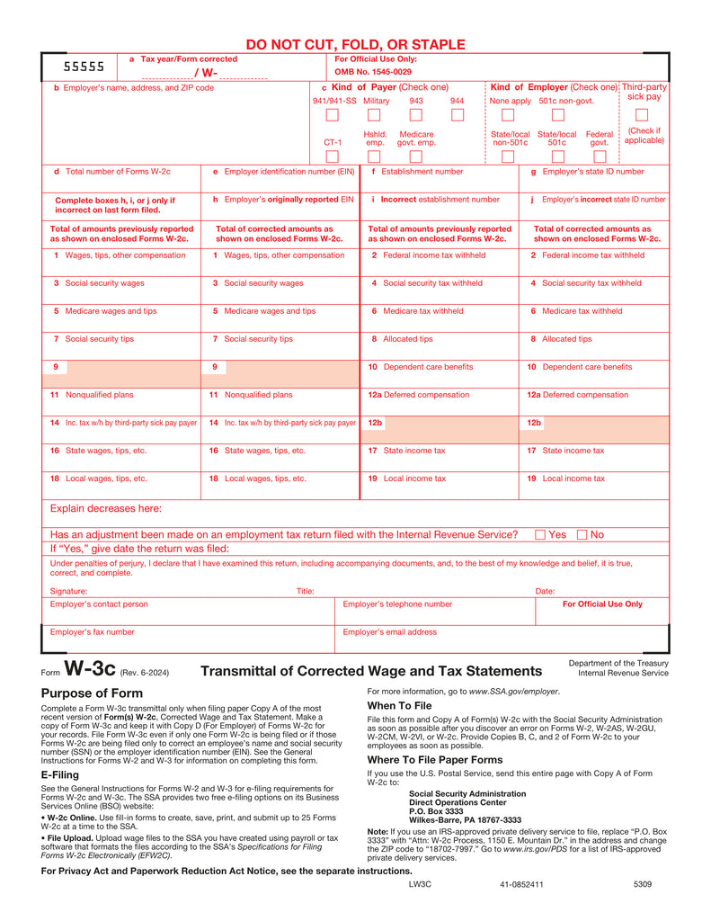 W-3C Transmittal of Corrected Income and Tax Statement