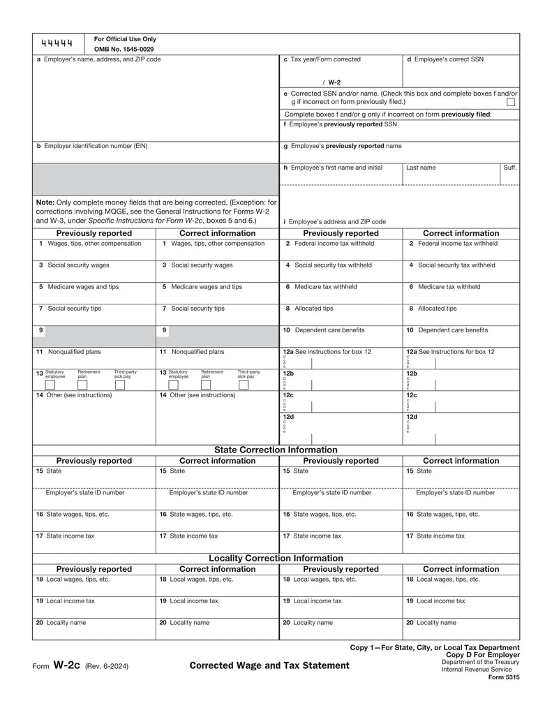 W-2C Employer State, City or Local Copy 1 or D, Corrected Income