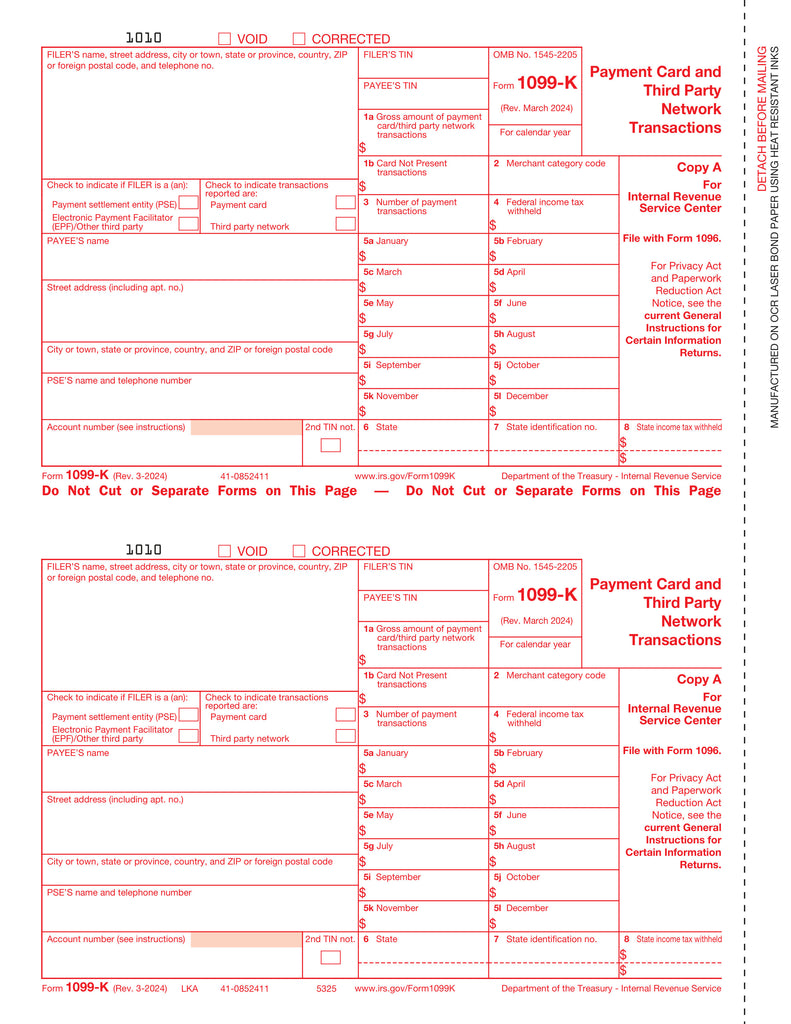 1099-K, 2-Up, Federal Copy A, Merchant Card