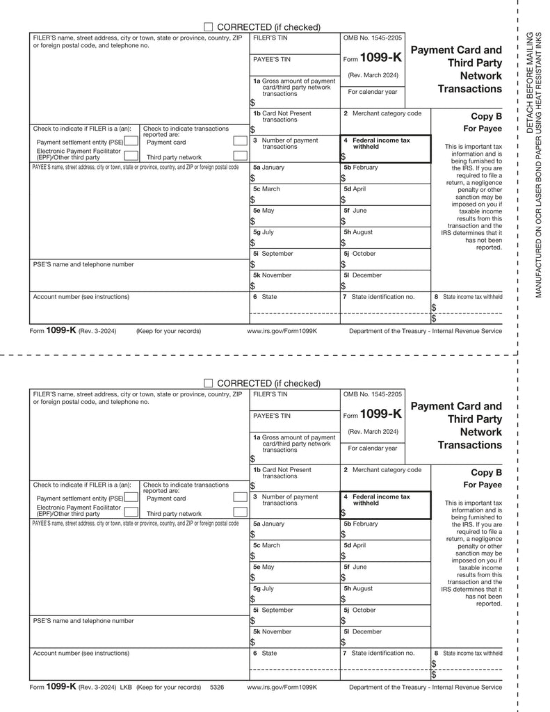 1099-K, 2-Up, Payee Copy B, Merchant Card
