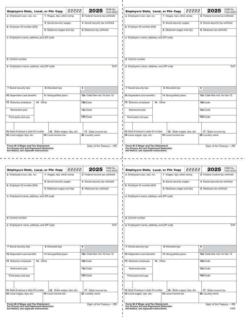 W-2, 4-Up Box, Employer Copy D or 1 State/City or Local