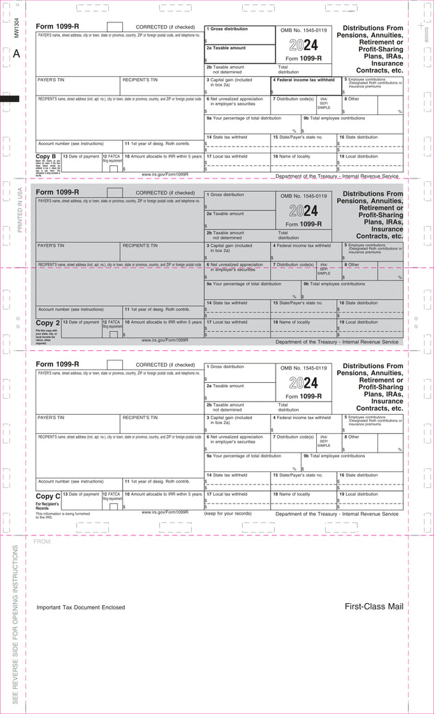 1099-R, 3-Up Horizontal, Copy B,2 & C, Eccentric Z-Fold, 14" (500 Forms)