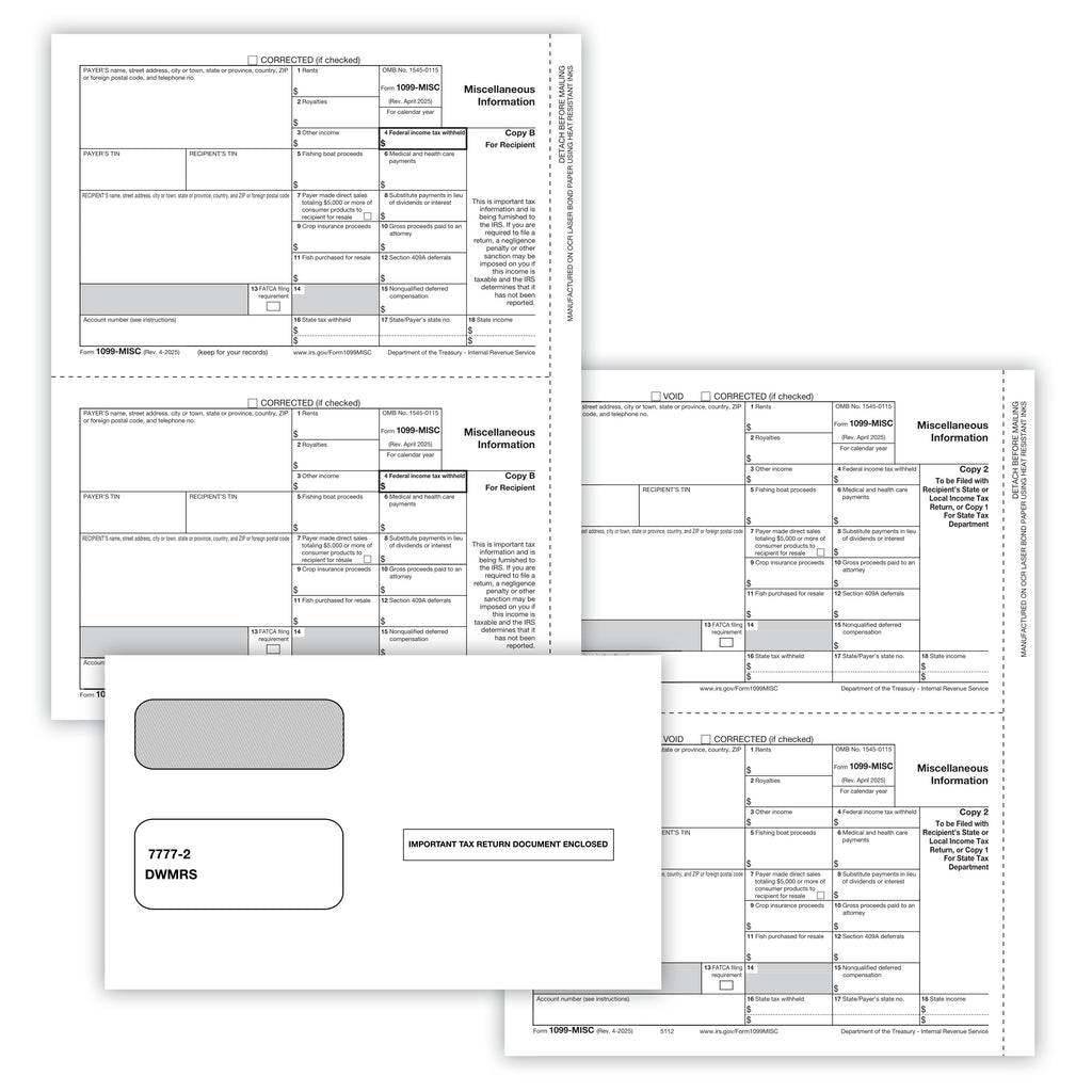 1099-MISC Set, 3-Part, 2-Up, Electronic Filing with Envelopes