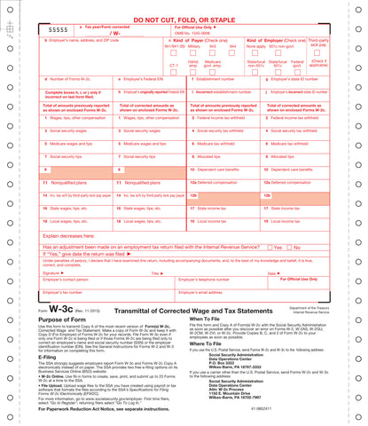 W-3C, 2-Part, 1-Wide, Dateless, Continuous, Transmittal Of Corrected Income