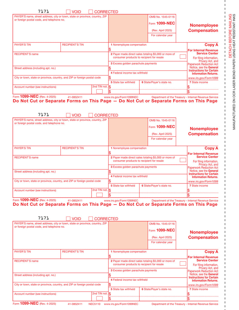 1099-NEC, Federal Copy A, 3-Up
