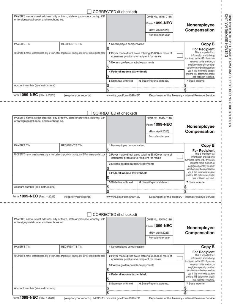1099-NEC, Recipient Copy B, 3-Up