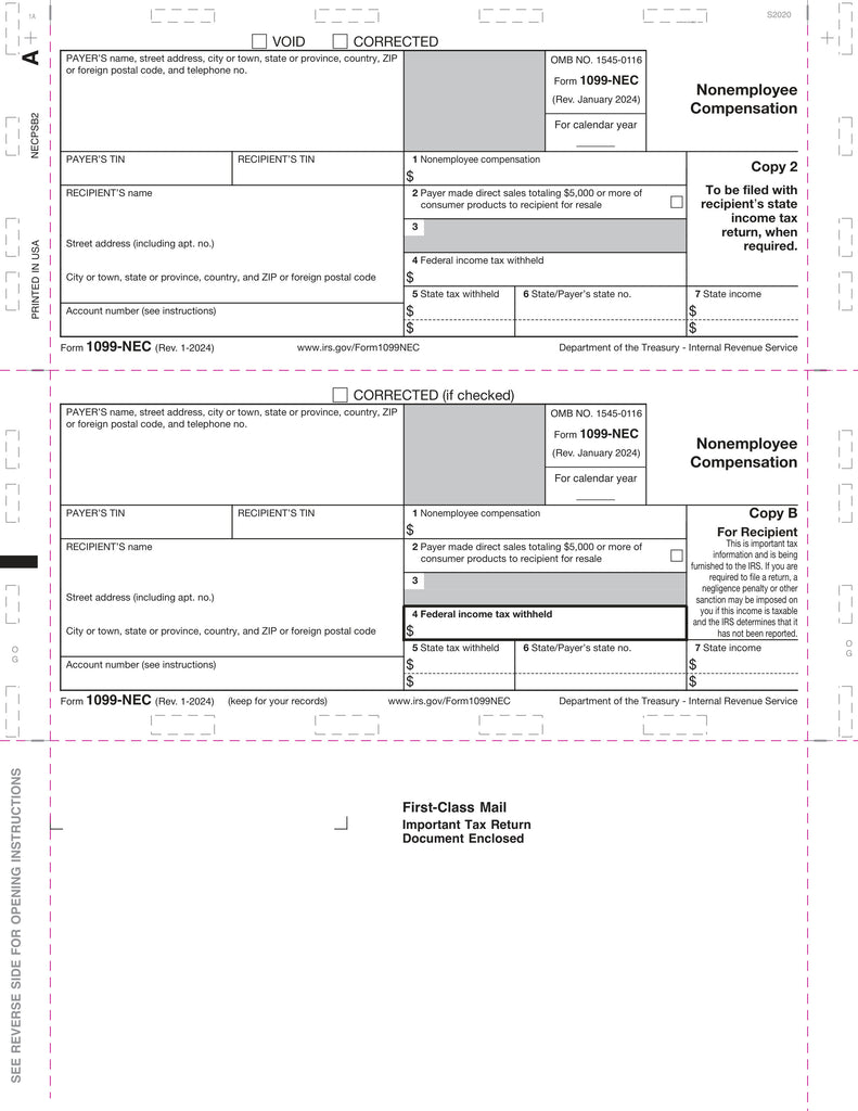 1099-NEC, Copy B & 2, 3-Up, Z-Fold, 11" (500 Sheets)