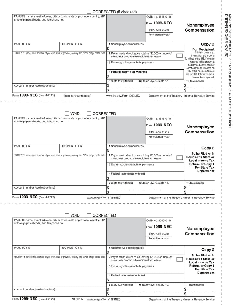 1099-NEC, Rec Copy B, Payer/State Copy C & State/Extra File Copy