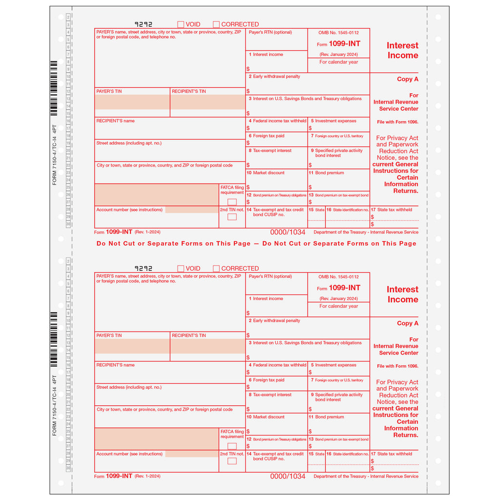 1099-INT, 4-Part, 1-Wide, w/ State Copy