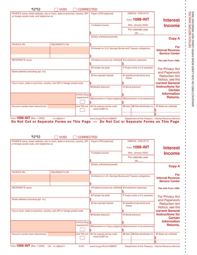 1099-INT, 2-Up, Federal Copy A