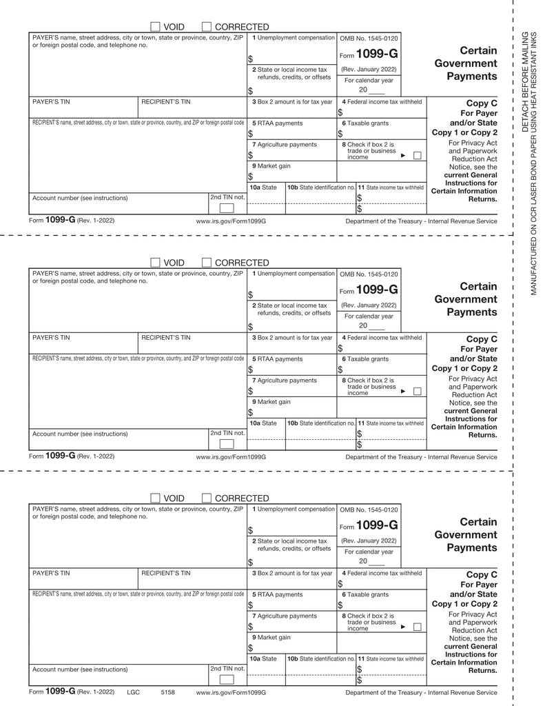1099-G, 3-Up, Payer or State Copy C