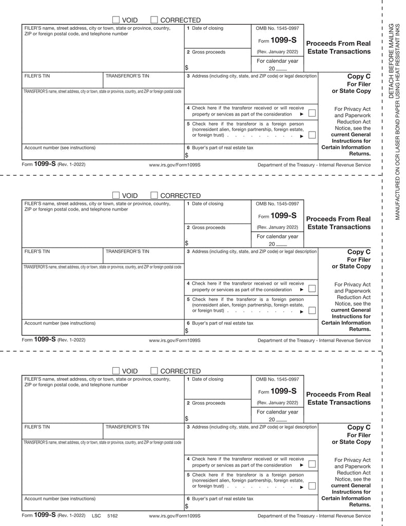 1099-S, 3-Up, Filer or State Copy C, Proceeds from Real Estate Transactions