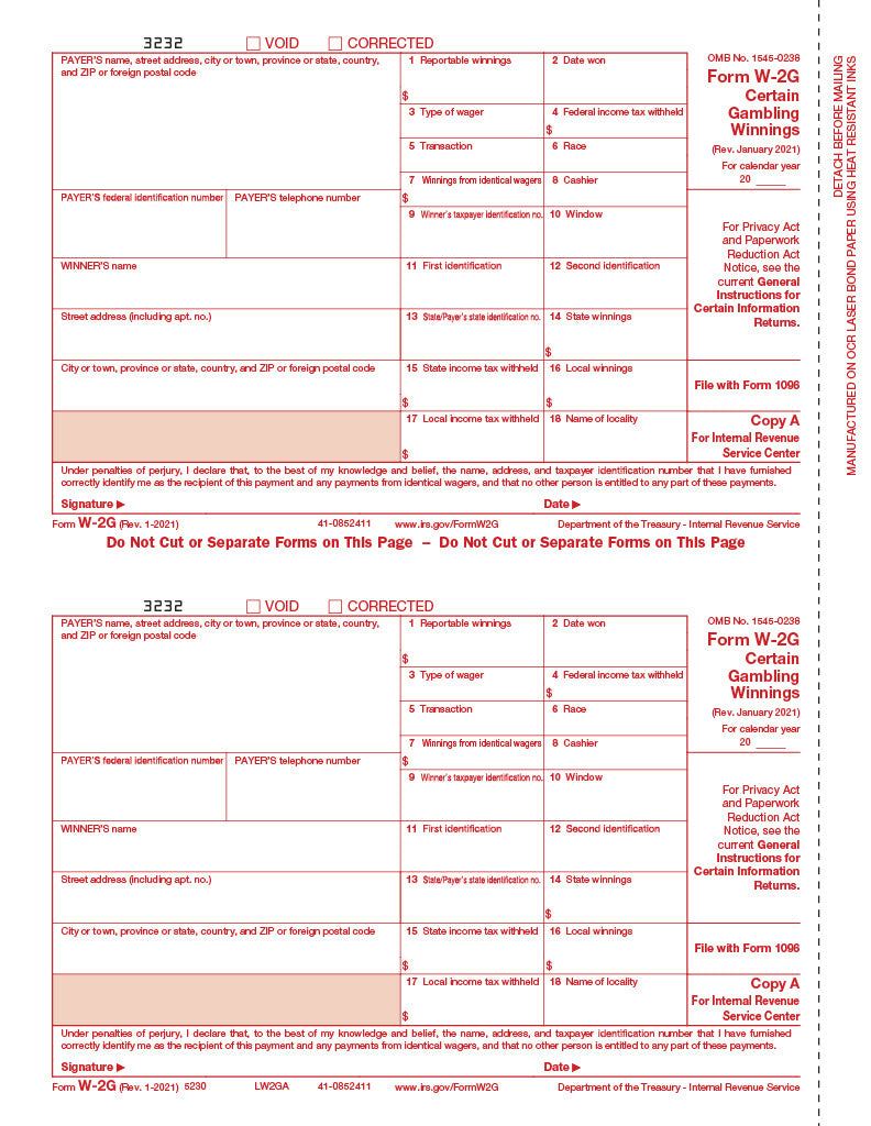 W-2G, Gambling Winnings, Federal Copy A (DATELESS)