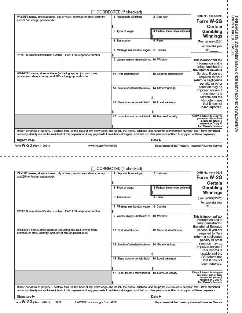 W-2G, Gambling Winnings, Copy C/2 (DATELESS)
