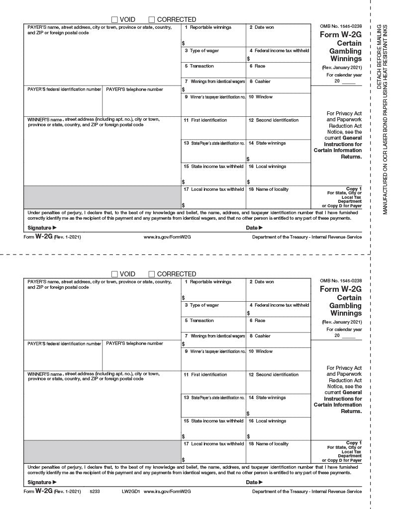 W-2G, Gambling Winnings, 1/D Payer and/or State/City Copy (DATELESS)