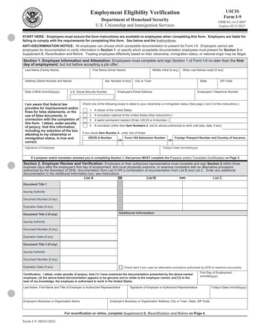 I-9 Employment Eligibility Verification Form, 1-Part