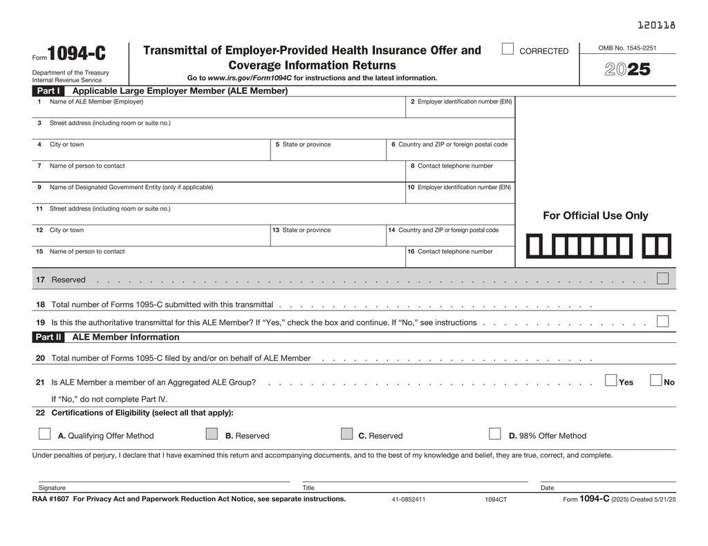 1094-C Transmittal of Employer Provided Health Insurance Offer & Coverage for 1095-C