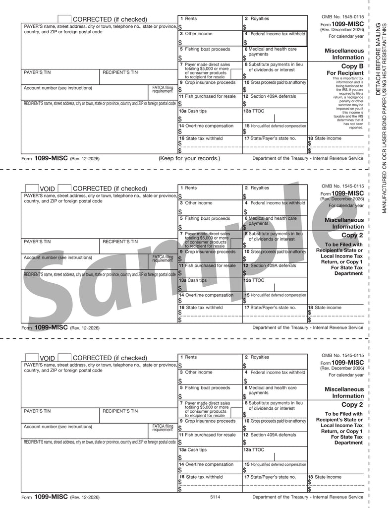1099-MISC, Rec Copy B, Payer/State Copy C & State/Extra File Copy