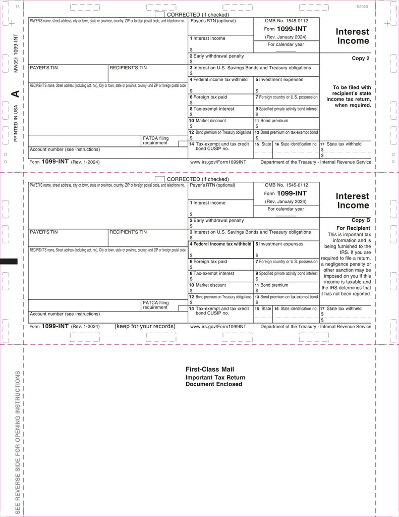 1099 Interest Tax Form - Pressure Seal - Copy B