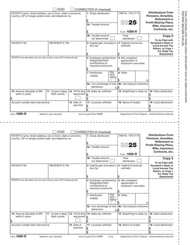 1099-R, 2-Up, Payer Copy D and/or State, City or Local Copy