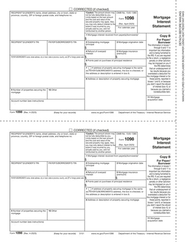 1098-Mortgage Interest, 2-Up, Payer/Borrower Copy B