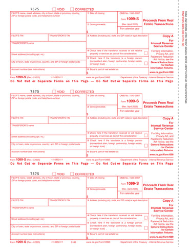 1099-S, 3-Up, Fed Copy A, Proceeds from Real Estate Transactions