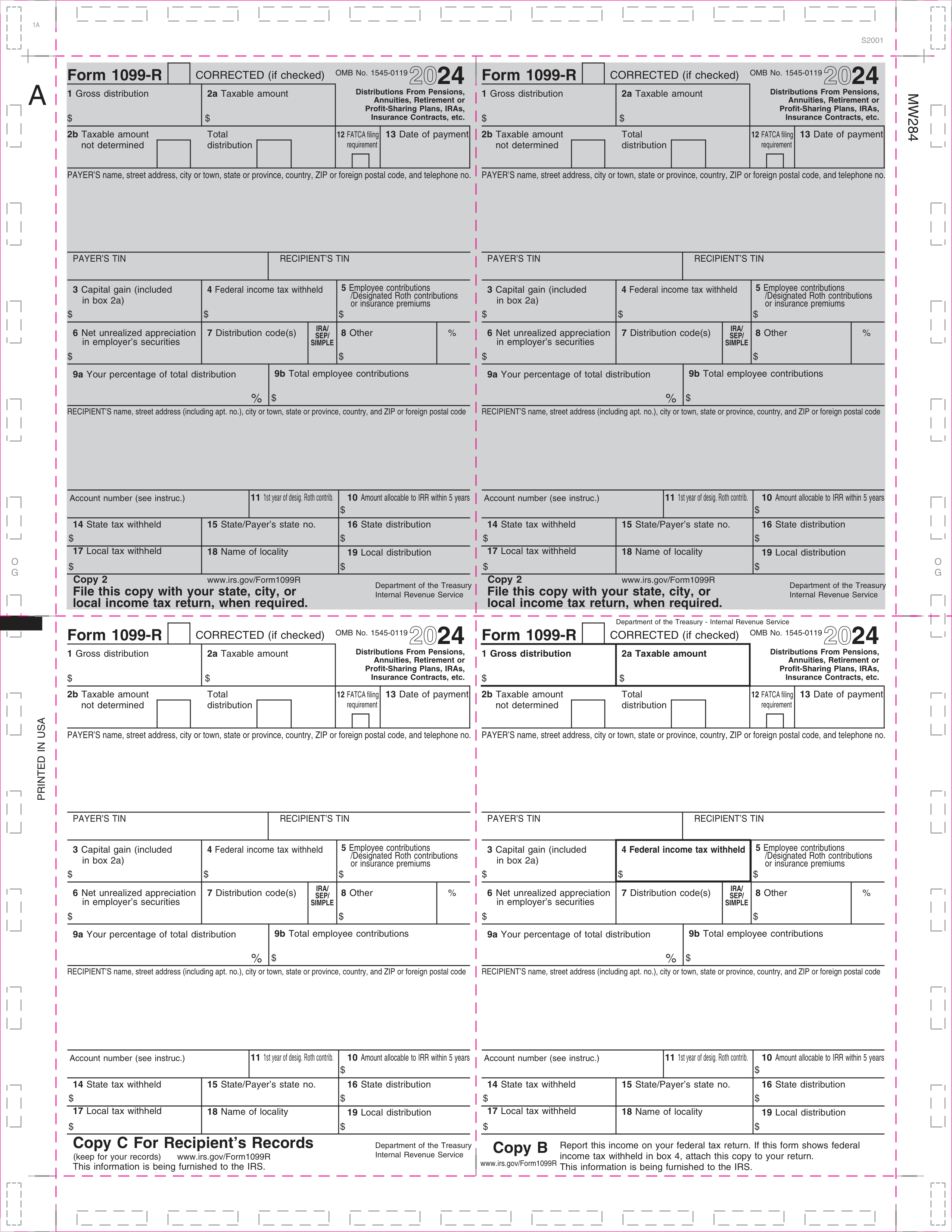 1099-R, 4-Up Box, Two-Copy 2, Copy B and C, V-Fold, 11