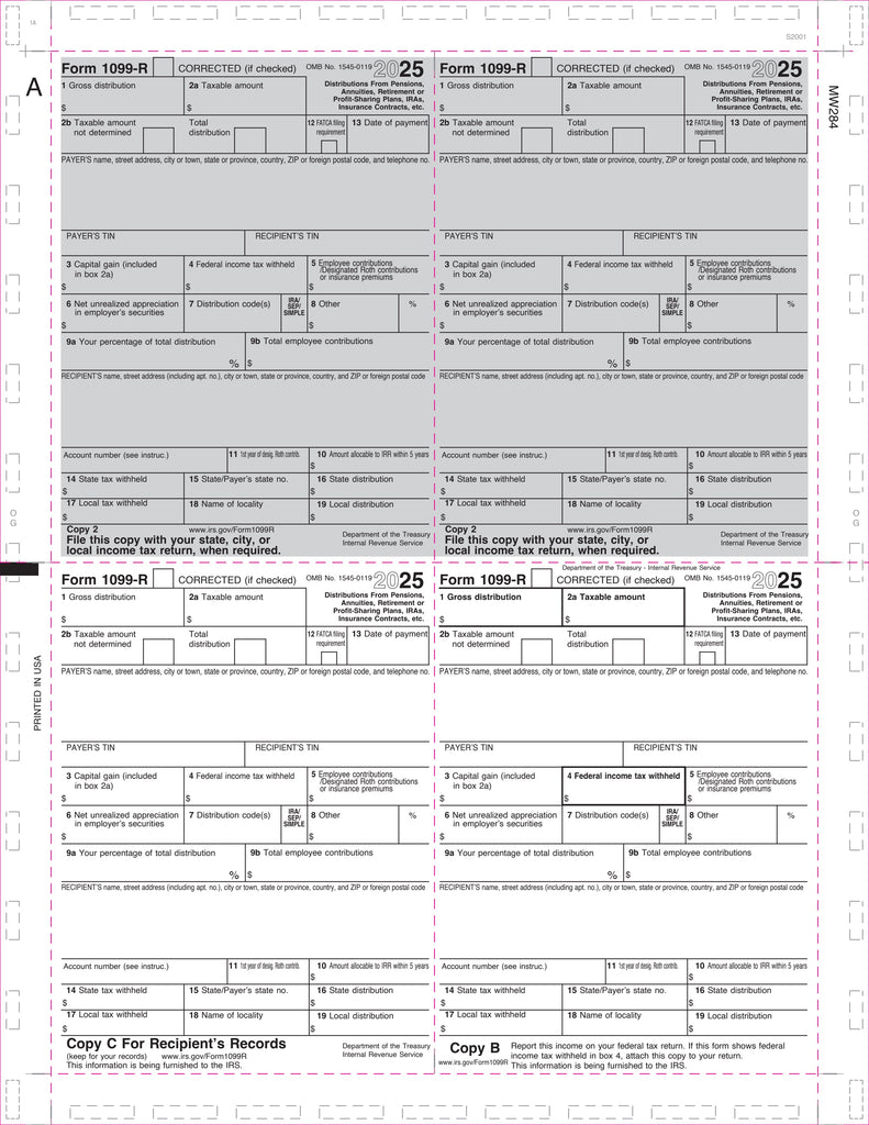 1099-R, 4-Up Box, Two-Copy 2, Copy B and C, V-Fold, 11" (500 Forms)