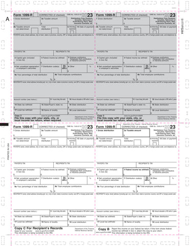1099-R, 4-Up Box, Two-Copy 2, Copy B and C, V-Fold, 11" (500 Forms)
